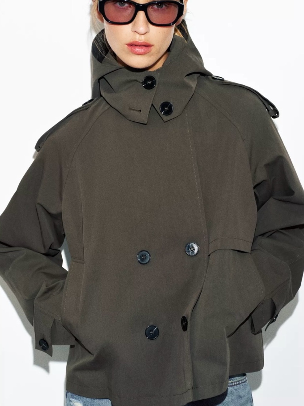 Zara Short Olive Double-Breasted Trench Jacket - Picture 7 of 8